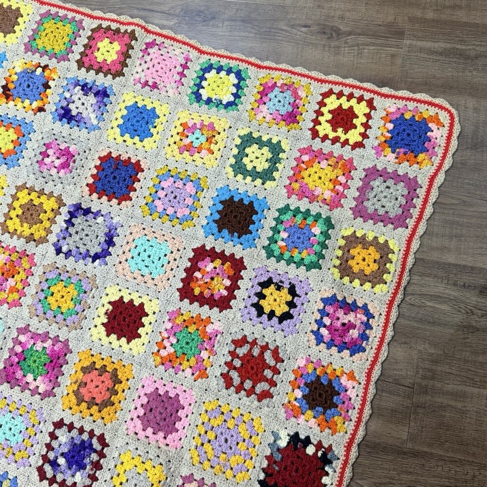 Vtg Granny Square Colorful Crochet Afghan Throw Tan Beige Handmade 50x60 Rosanne